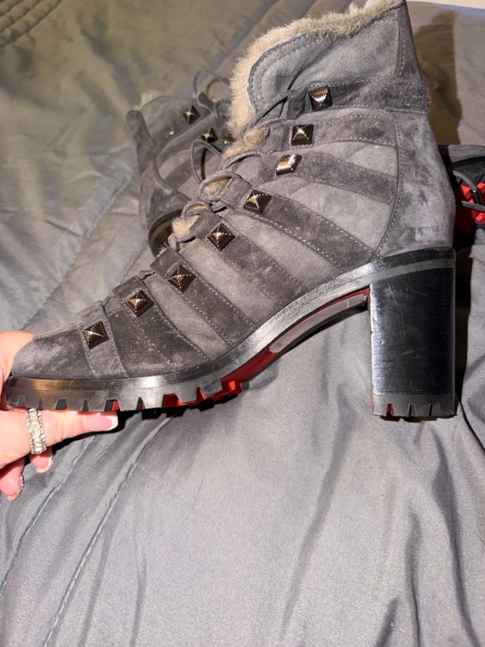 Christian Louboutin Black Suede Studded Lug-Heel Ankle Boots